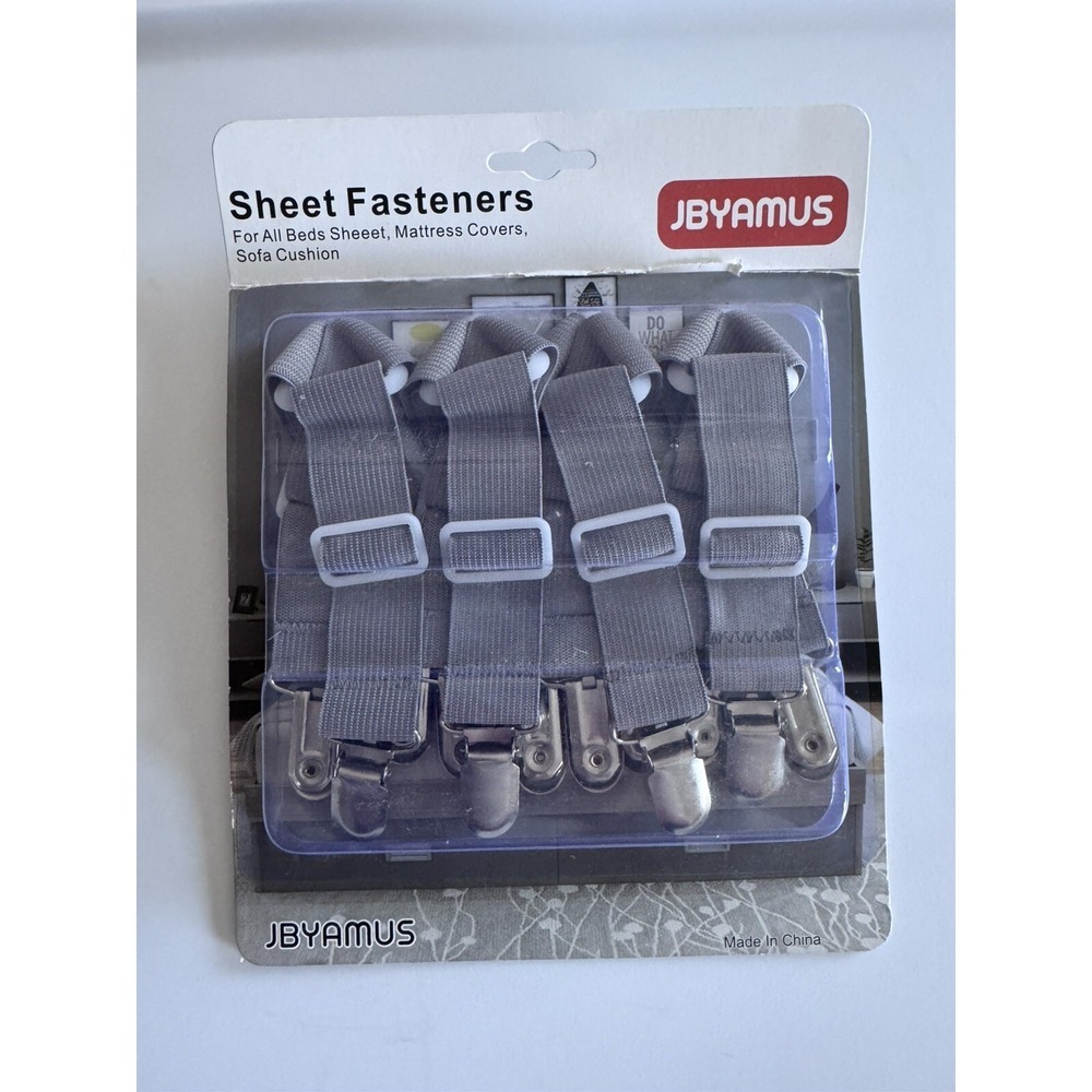 NEW JBYAMUS (4) Gray Bed Sheet Fasteners, Sofa, Table , Bed, New In Box